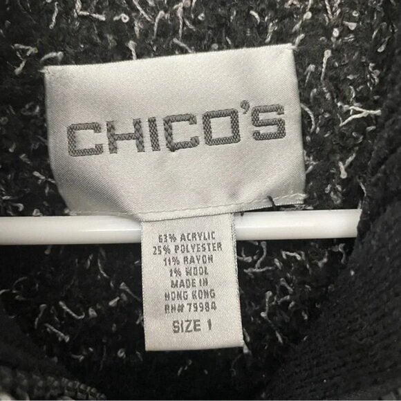 Chico’s Striped Fuzzy Fringe Zip Wool Blend Sweater Black White Grey Size M - Picture 2 of 3